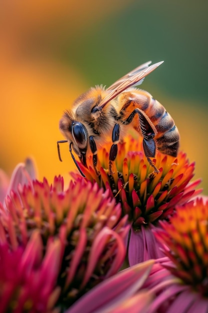 Una vista detallada de una abeja en una margarita púrpura recogiendo granos de polen