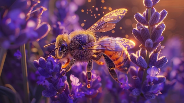 Una vista detallada de una abeja con polen en su cuerpo volando cerca de las flores de lavanda iluminadas por la cálida luz dorada del sol poniente