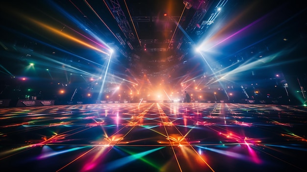 Vista detallada del aparato láser diseñado para un espectáculo láser vibrante, ya sea dentro de un club de discoteca