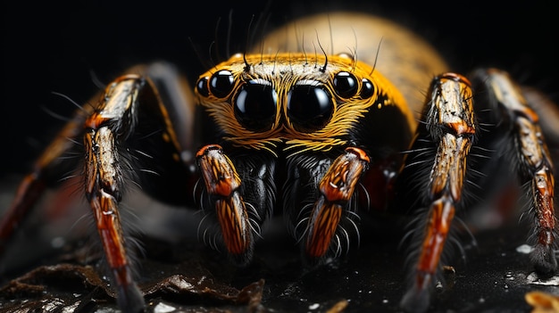 Vista detallada de una araña en primer plano sobre un fondo negro