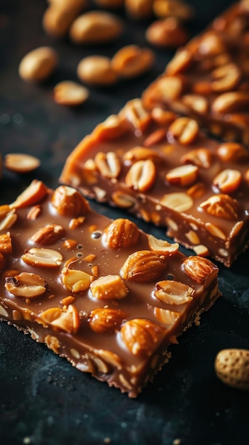 Una vista detallada de una barra de caramelo cubierta de cacahuetes que muestra la textura y los ingredientes