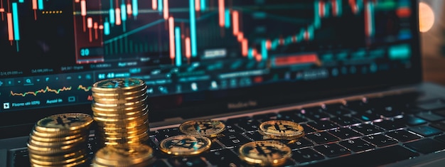 Vista detallada de una computadora portátil que muestra gráficos del mercado de valores con monedas de criptomonedas en el teclado