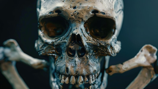 Foto vista detallada de un cráneo y huesos humanos adecuados para conceptos médicos o forenses
