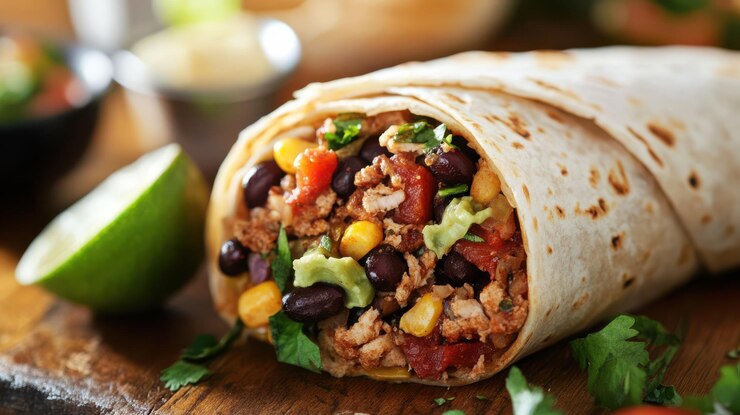 Foto vista detallada de un delicioso burrito lleno de rellenos salados
