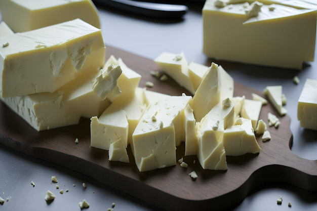 Una vista detallada de un delicioso queso cortado y rebanado agudizando los sentidos de los amantes de la buena mesa Generado por IA