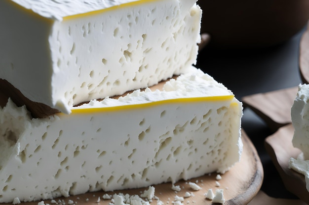 Una vista detallada de un delicioso queso cortado y rebanado agudizando los sentidos de los amantes de la buena mesa Generado por IA