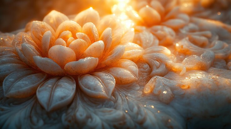 Vista detallada de las flores de loto talladas, tallas ornamentadas iluminadas por el sol