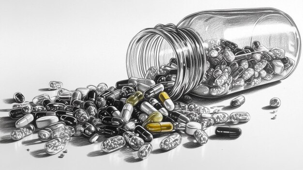 Una vista detallada de un frasco de pastillas derramando su contenido