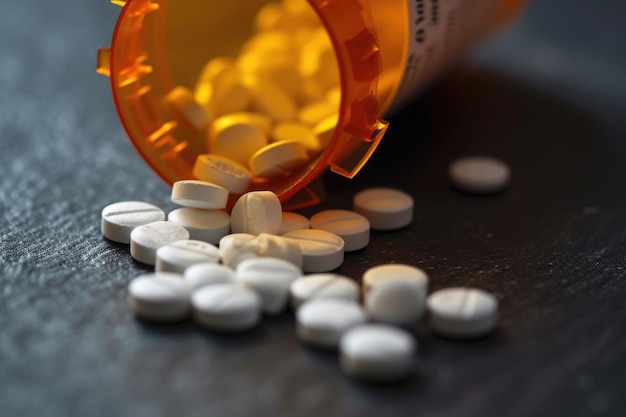 Una vista detallada de un frasco de pastillas recetadas colocado en una mesa Opioides que se derraman de un embotellado de receta abierto AI Generado