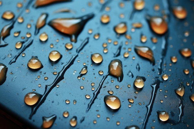 Una vista detallada de las gotas de lluvia que descansan sobre la azotea durante la temporada de lluvias