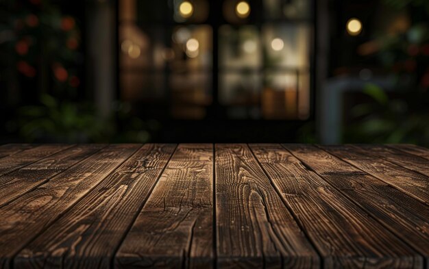 Una vista detallada de una mesa de madera rústica con un fondo borroso que muestra luces interiores cálidas y vegetación