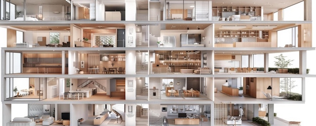 Vista detallada de un modelo arquitectónico moderno que muestra diseños de habitaciones y muebles versátiles
