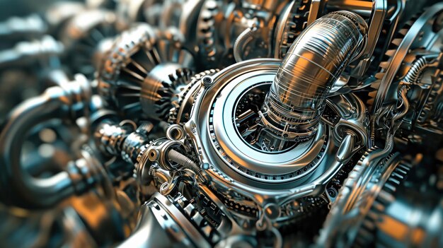 Vista detallada de un motor moderno de alta tecnología que se produce en una fábrica que muestra un diseño y componentes intrincados