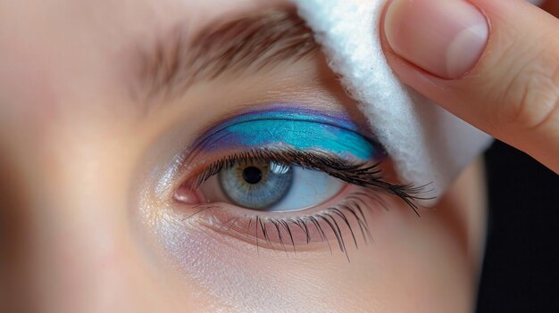 Vista detallada del ojo de una mujer con un llamativo maquillaje azul y verde que muestra extensiones de pestañas en un salón de belleza