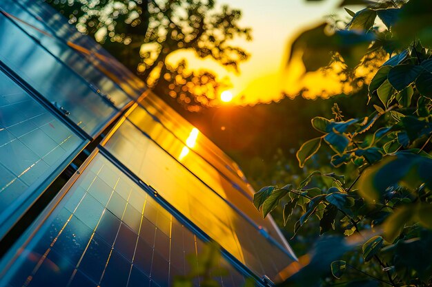 Una vista detallada de un panel solar con el sol poniéndose en el fondo contra un telón de fondo de árboles verdes