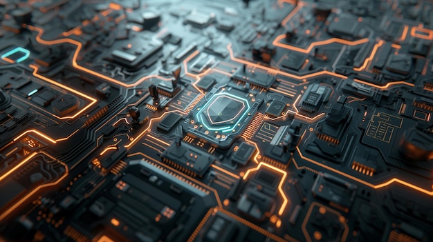 Vista detallada de una placa de circuito futurista avanzada con luces naranjas brillantes y componentes complejos
