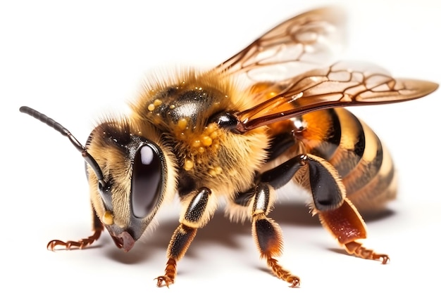 Vista detallada de primer plano de abeja o abeja aislada sobre fondo blanco abeja dorada generativa Ai