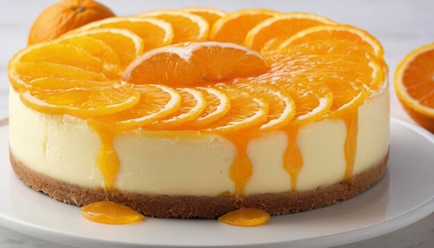 Vista detallada de primer plano de pastel de queso o pudín de naranja en rebanadas decoradas con frutas de narenja maduras