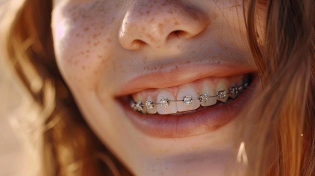 Foto una vista detallada de la sonrisa de una joven mostrando sus aparatos dentales montados en dientes perfectamente alineados