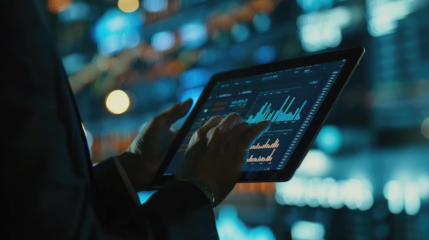 Vista detallada en una tableta digital con gráficos de asignación de capital en todos los sectores analizados por un profesional de negocios Asignación de capital