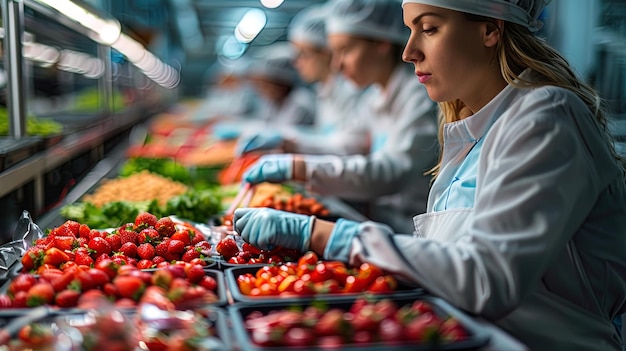 Foto vista detallada de los trabajadores que inspeccionan y clasifican alimentos en la línea de producción