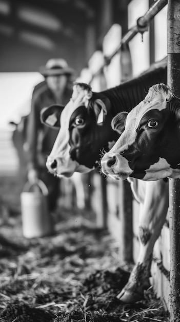Una vista detallada de las vacas lecheras Holstein negras y blancas disfrutando de su comida mirando curiosamente desde el