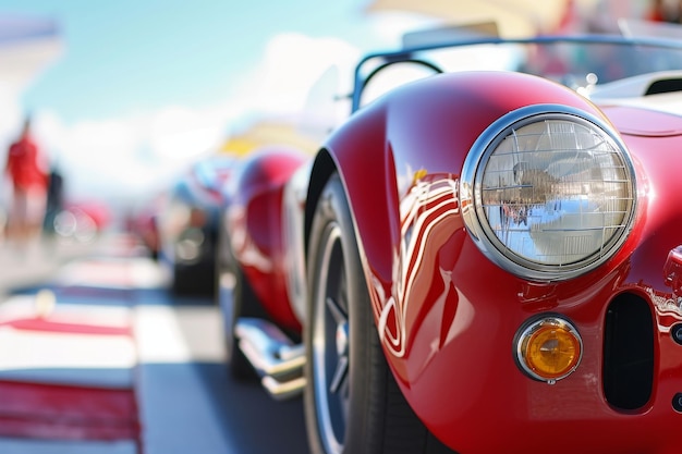 Foto una vista detallada de un vibrante automóvil deportivo rojo que muestra su diseño elegante y sus poderosas características un automóvil deportivo vintage en la línea de salida de una carrera de automóviles clásicos generado por ia
