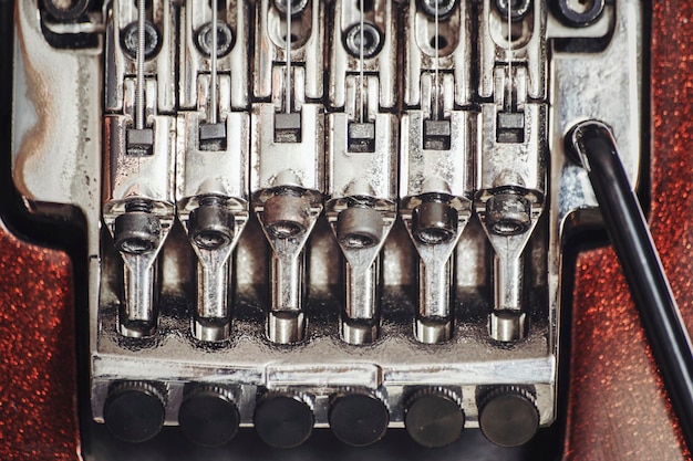 Vista de detalle de la guitarra eléctrica acercar a floyd rose imagen con muy poca profundidad de campo efecto cinemático aplicado