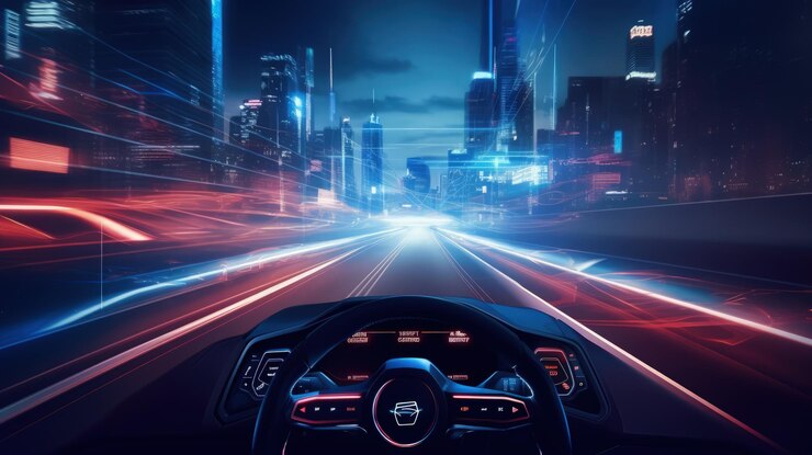 Vista detrás del volante y el tablero de un automóvil futurista moderno IA generativa