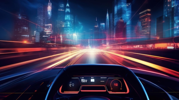 Vista detrás del volante y el tablero de un automóvil futurista moderno IA generativa