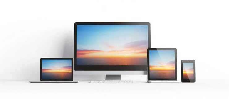 Foto vista en diferentes dispositivos modelo de pantalla en blanco