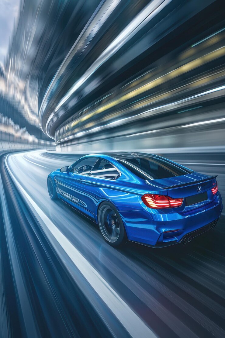 Vista dinámica de un coche deportivo azul acelerando en una pista de carreras bajo un cielo despejado con nubes dramáticas