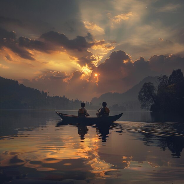 Foto vista distante de pai e filho em um barco no lago contra o céu nublado durante o pôr do sol