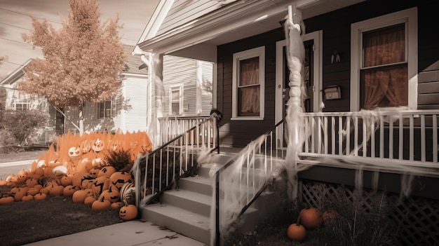 Vista diurna de la casa con escalera de entrada y decoración de calabaza para halloween