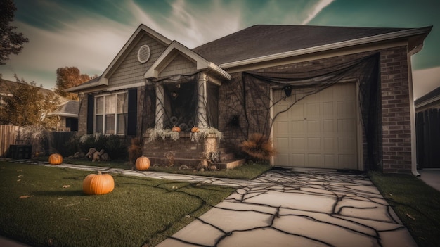 Vista diurna de una casa moderna con calabazas naranjas cerca del césped en otoño