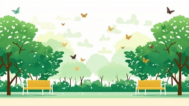 Vista diurna del parque de la ciudad con bancos, mariposas y árboles