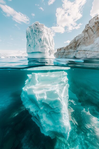 Vista dividida acima e abaixo de um iceberg branco flutuando em um mar azul claro