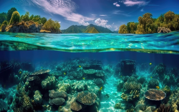 Vista dividida de isla tropical y arrecife de coral con IA generativa de línea de flotación