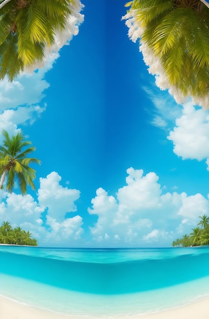 Vista dividida del océano y el cielo arriba y el cielo con palmeras abajo