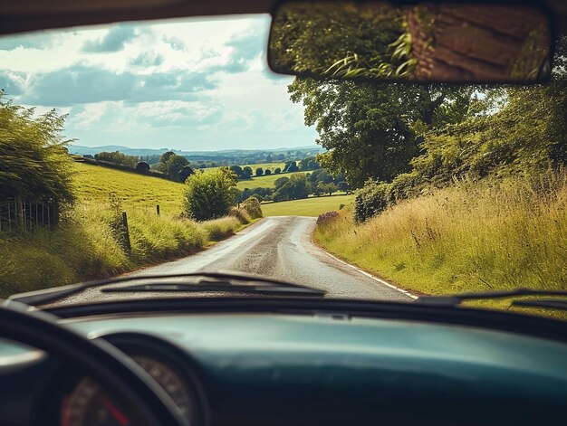 vista do assento do motorista atrás do volante de uma estrada paisagística do país