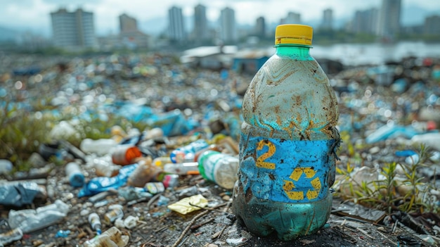 Vista do aterro sanitário Uma pilha de lixo plástico, resíduos alimentares e outros resíduos Poluição da natureza