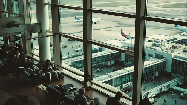 Vista do avião a partir da sala de espera do aeroporto no terminal do aeroporto