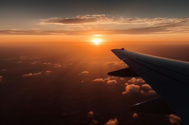 vista do avião em voo com pôr do sol