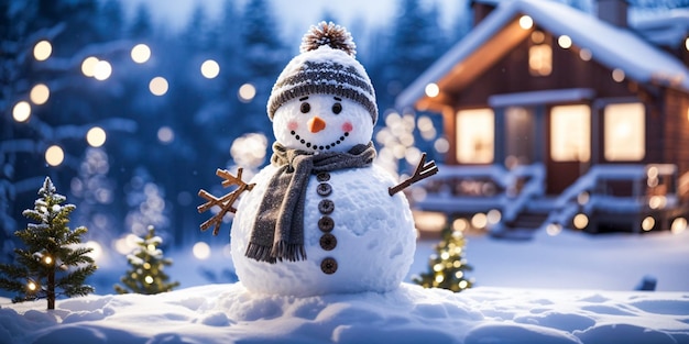 Vista do boneco de neve com paisagem de inverno e neve