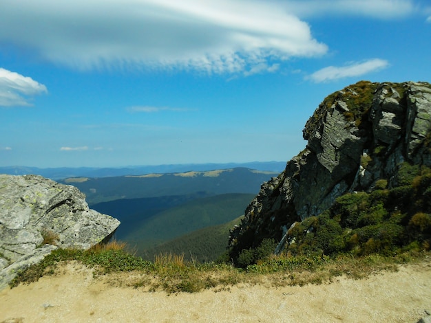 Vista do caminho dos Cárpatos até o topo do Goverla. Cárpatos, Ucrânia, Europa. Florestas naturais de abetos nos Cárpatos