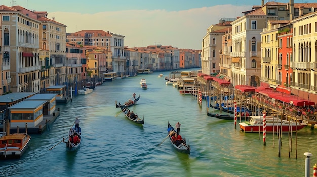 Foto vista do canal rio marin com barcos e gôndolas da ponte de la bergami em generative ai