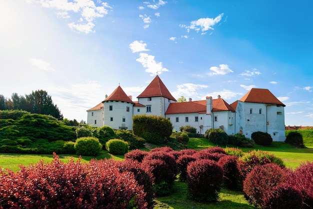 Vista do castelo na rua da cidade velha de Varazdin, na Croácia. Panorama e paisagem urbana da famosa cidade croata na Europa no verão. Viagens e turismo para turistas.