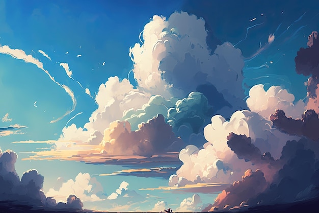 Vista do céu com nuvens Cores azuis predominam estilo desenhado à mão símbolo de pureza imaginação terapia alta resolução arte generativa inteligência artificial