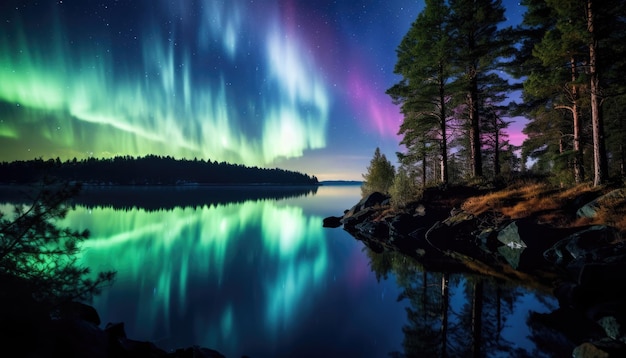 Foto vista do céu noturno com a aurora boreal e o fundo do pico da montanha a noite brilha em auroras vibrantes