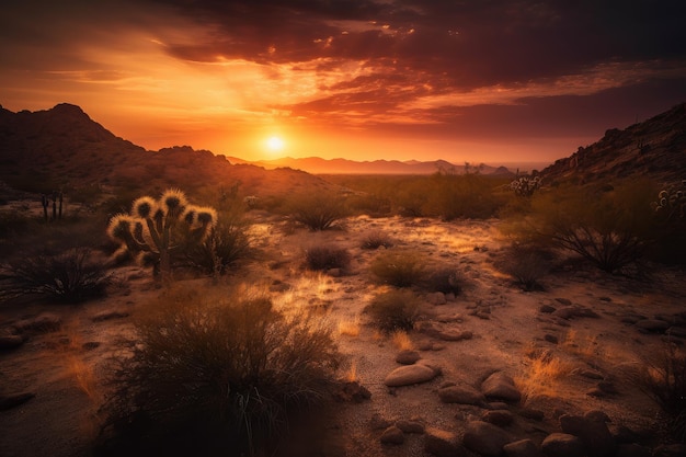 Foto vista do deserto ao pôr do sol com um céu ardente e luz quente da noite